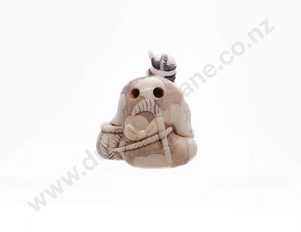 Signed Ivory Netsuke of a Farmer Resting on His Basket Image 1++