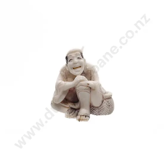 Signed Ivory Netsuke of a Farmer Resting on His Basket