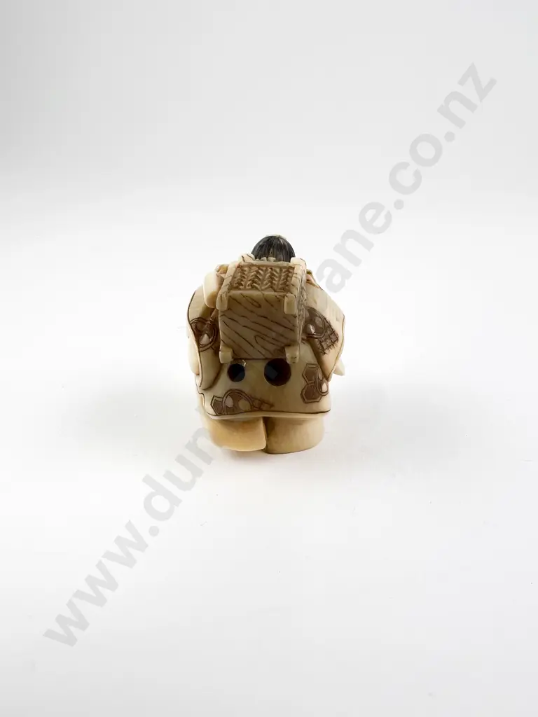 Signed Ivory Netsuke of a Travelling Scholar with Walking Stick and Table on His Back Image 1++