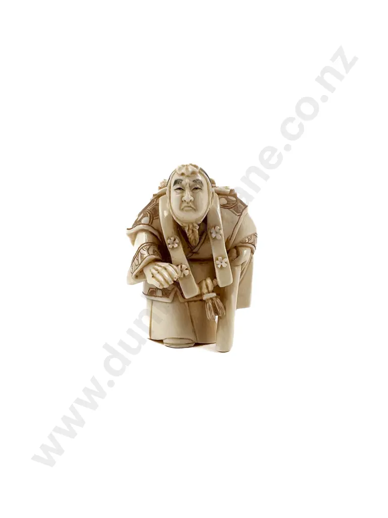 Signed Ivory Netsuke of a Travelling Scholar with Walking Stick and Table on His Back Image 1++