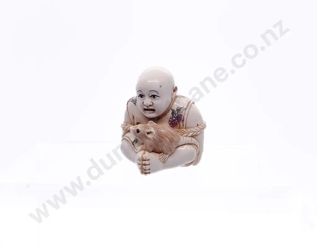 Stained Ivory Netsuke of a Young Boy Tried with Rope Rat on His Lap Image 1++