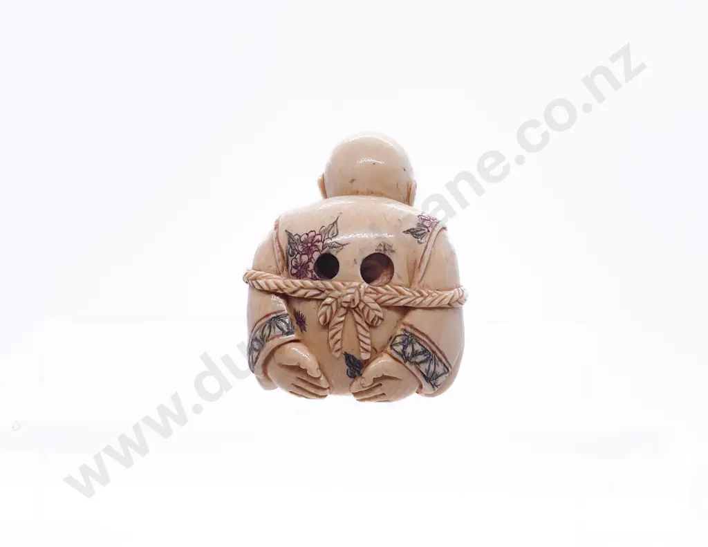Stained Ivory Netsuke of a Young Boy Tried with Rope Rat on His Lap Image 1++