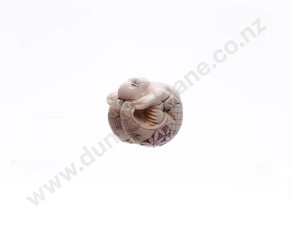 Small Stained Ivory Netsuke of a Tumbling Hotei Image 1++