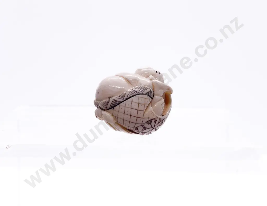 Small Stained Ivory Netsuke of a Tumbling Hotei Image 1++