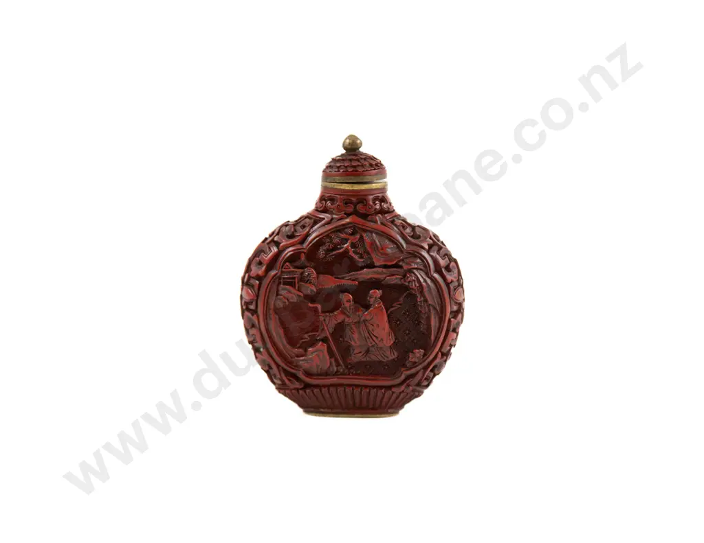 A Finely Carved Chinese Red Cinnabar Lacquer Snuff Bottle Image 1++