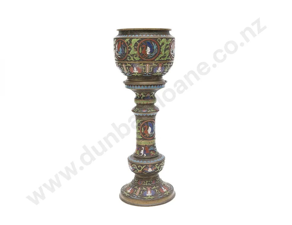 A Chinese Bronze And Champlevé  Enamel Jardinière On Stand Image 1++