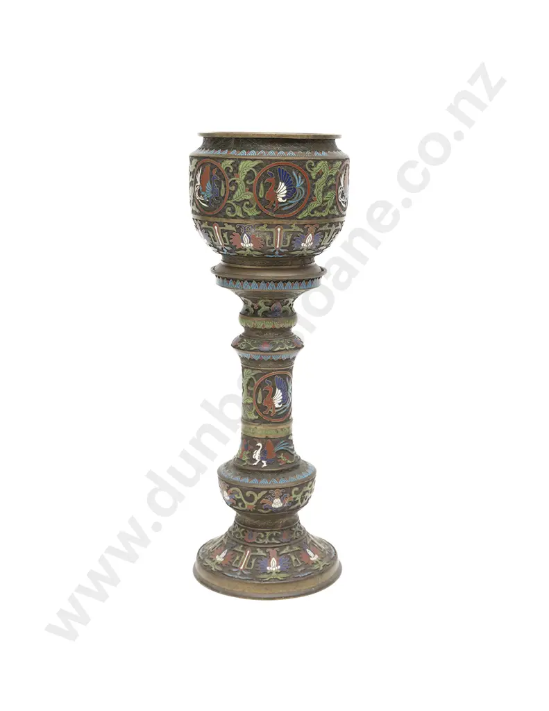 A Chinese Bronze And Champlevé  Enamel Jardinière On Stand Image 1++