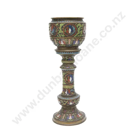 A Chinese Bronze And Champlevé  Enamel Jardinière On Stand