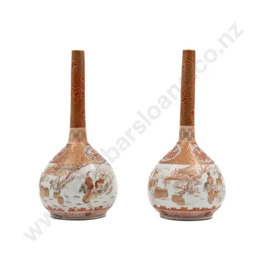 A Finely Painted Pair of Japanese Meiji Period Bottle Vases