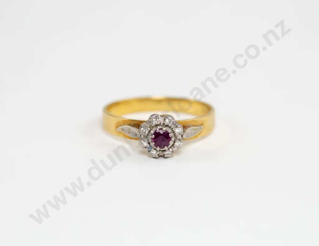 18ct Nine Stone Ruby and Diamond Floret Cluster Ring Image 1++