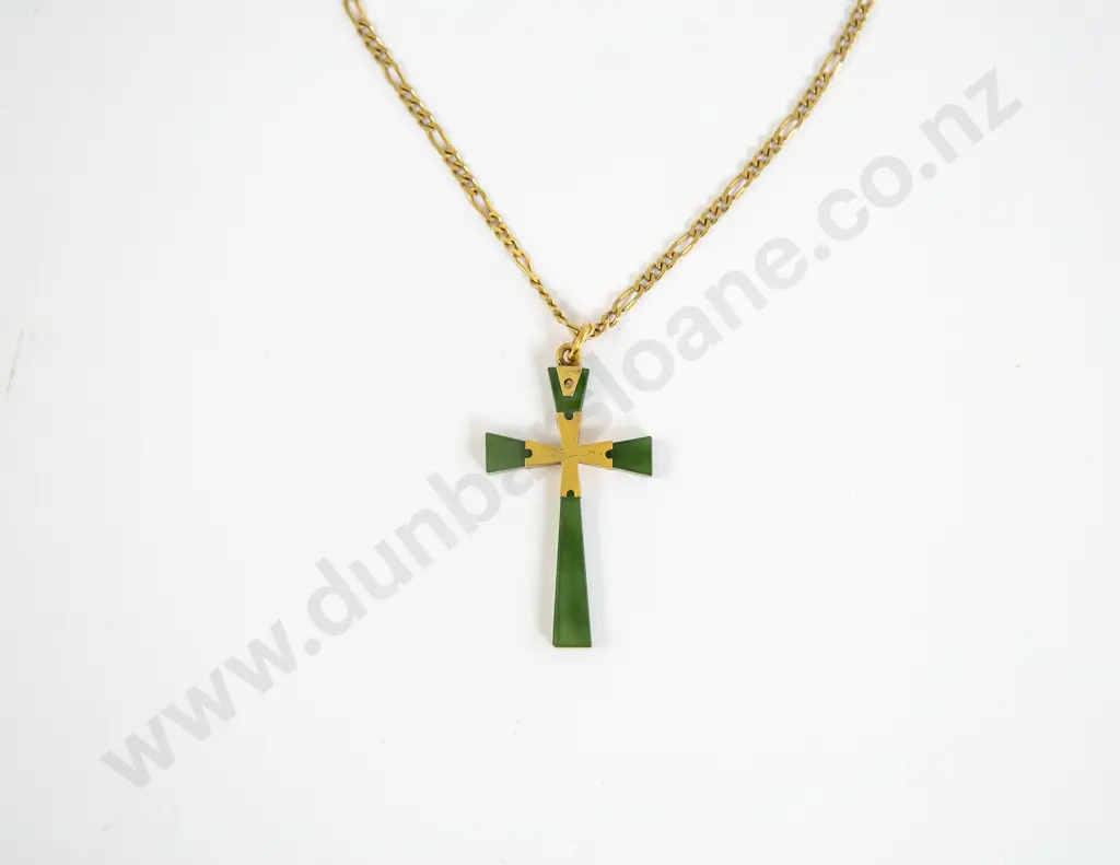 NZ 9ct Gold Mounted Greenstone Cross Image 1++