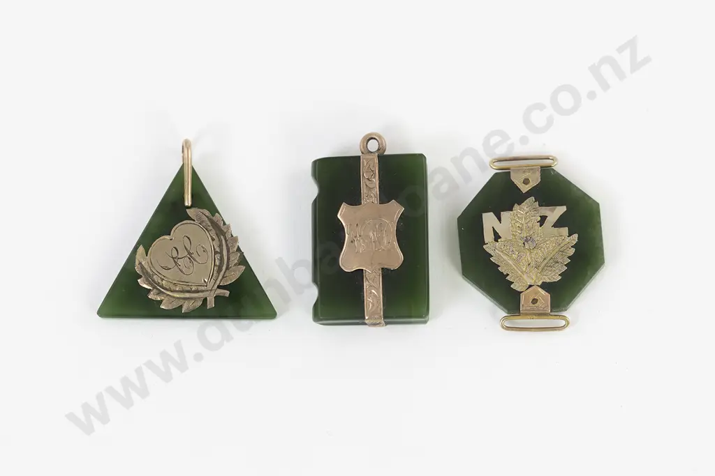 Three Gold Mounted Greenstone Pendants Image 1++