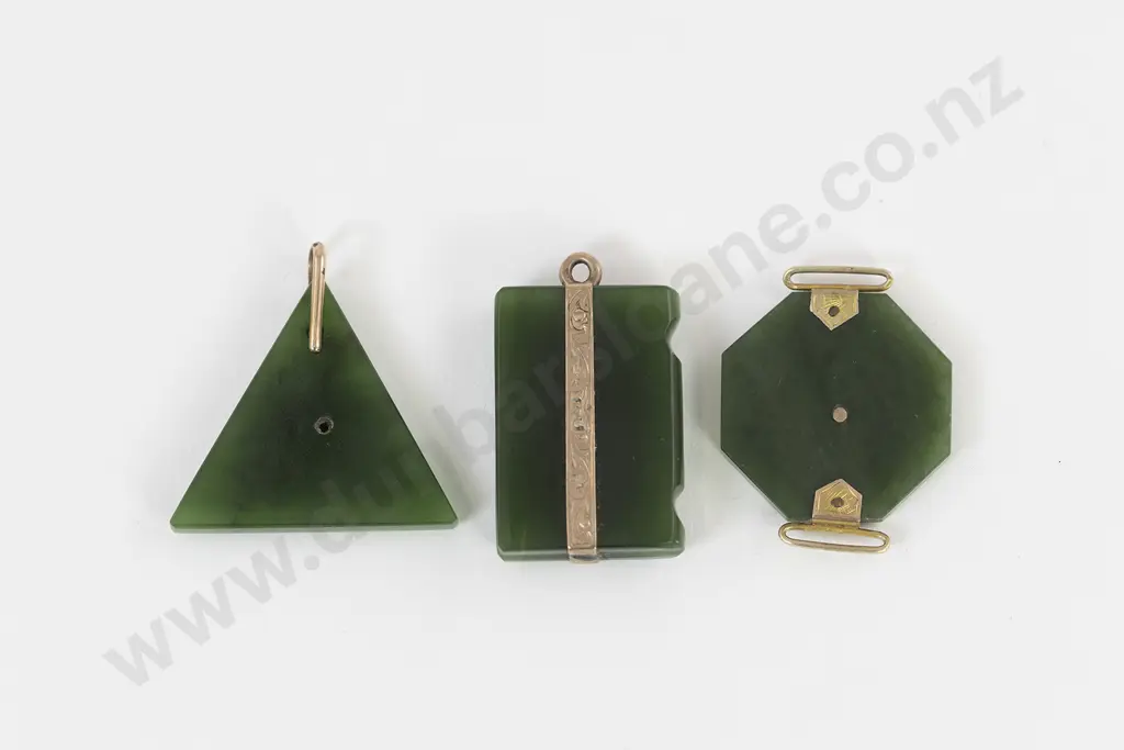 Three Gold Mounted Greenstone Pendants Image 1++