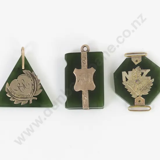 Three Gold Mounted Greenstone Pendants