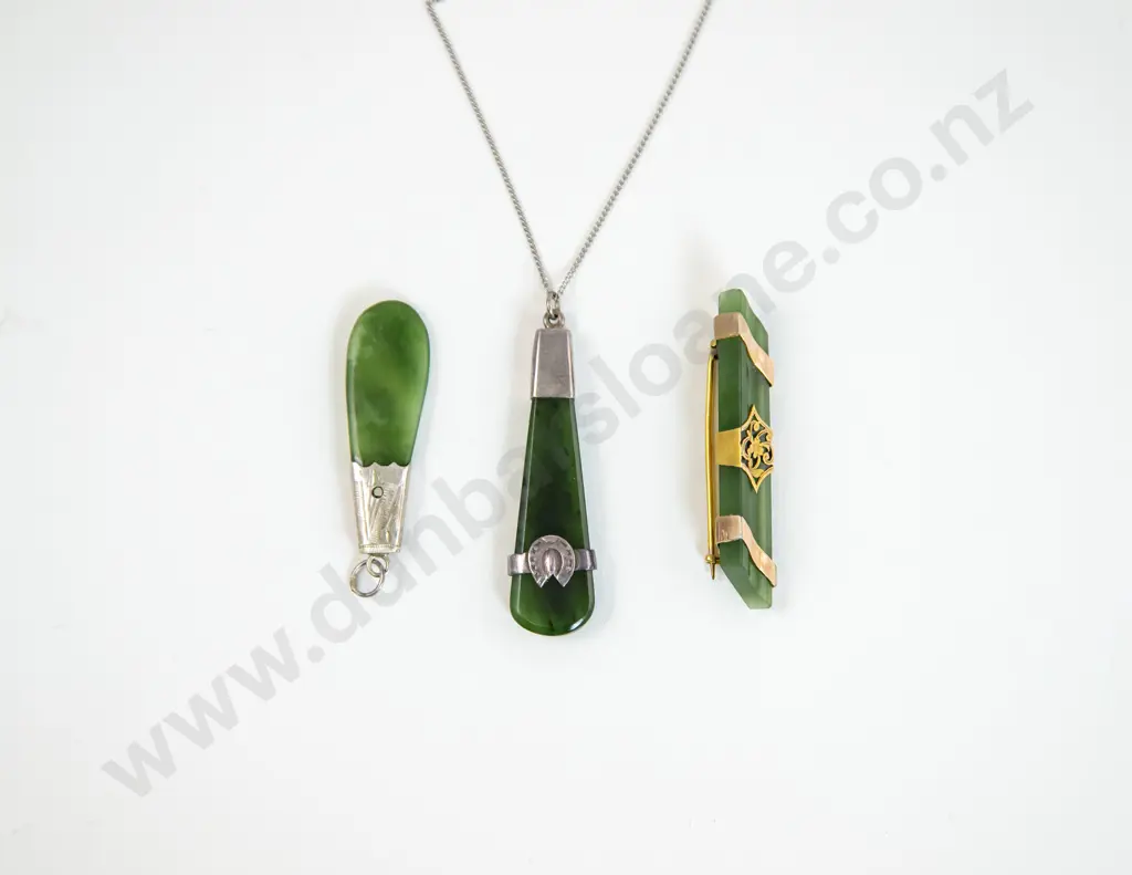 9ct Greenstone Bar Brooch with Two S/S Mounted Pendants Image 1++