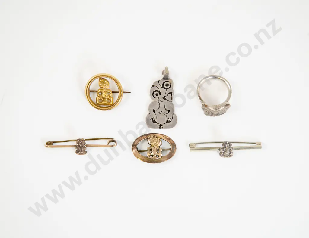 NZ Three 9ct Tiki Brooches Together with S/S Tiki Pendant Image 1++