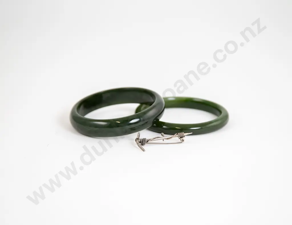 Two Greenstone Bangles Together with S/S Pick Axe Brooch Image 1++