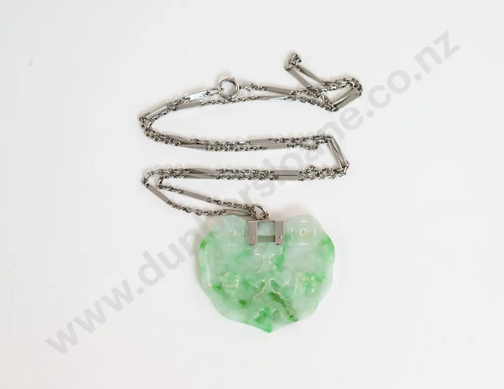 All Platinum Fancy Link Neck Chain with Apple Green Jade Pendant Image 1++