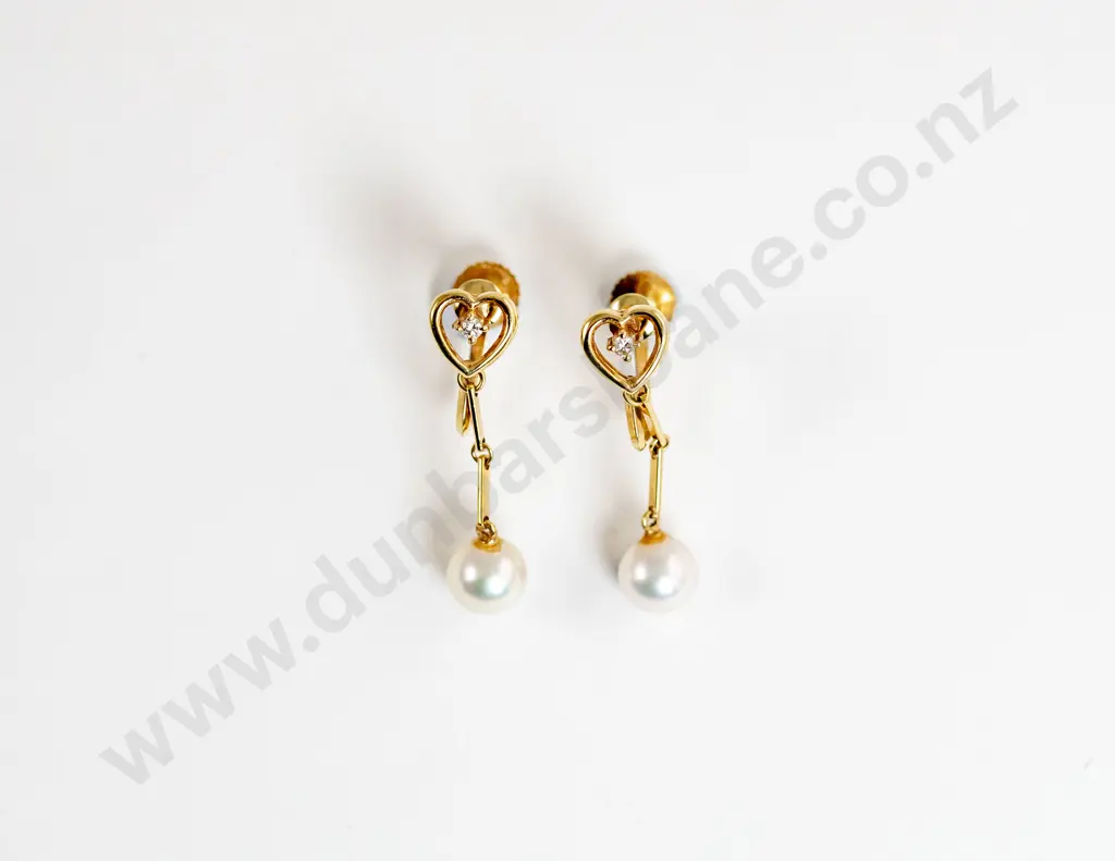 Pair Mikimoto 18ct Pearl and Diamond Pendant Earrings Image 1++