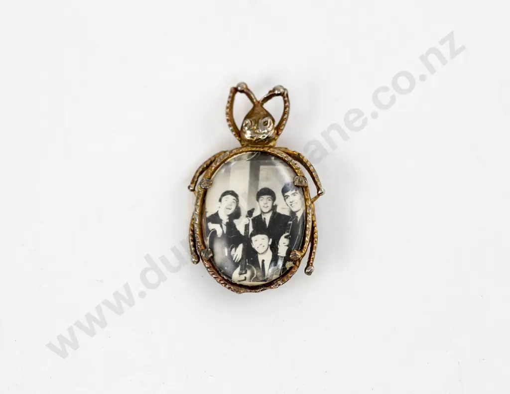 C1960s Gilt metal Beetle-shaped Brooch with photograph of The Beatles Image 1++