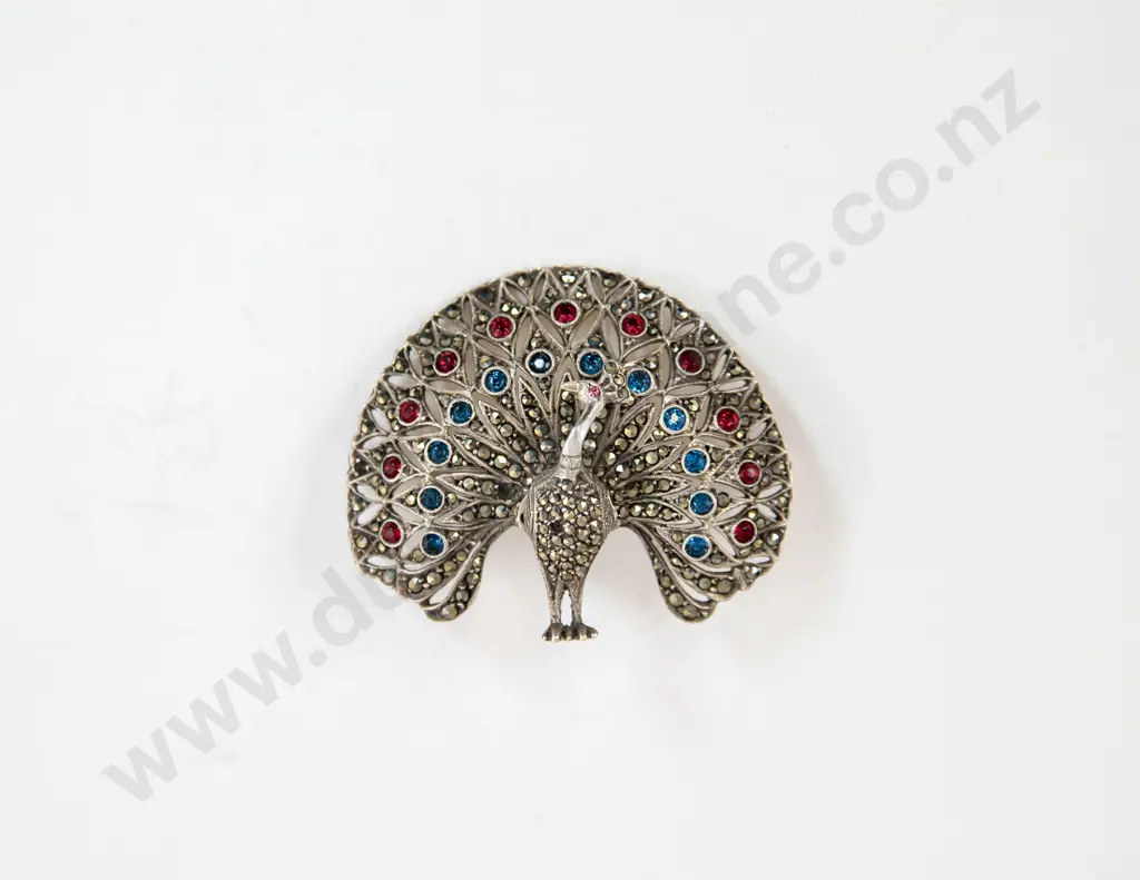 S/S Marcasite Ruby and Emerald Crystal Peacock Brooch Image 1++