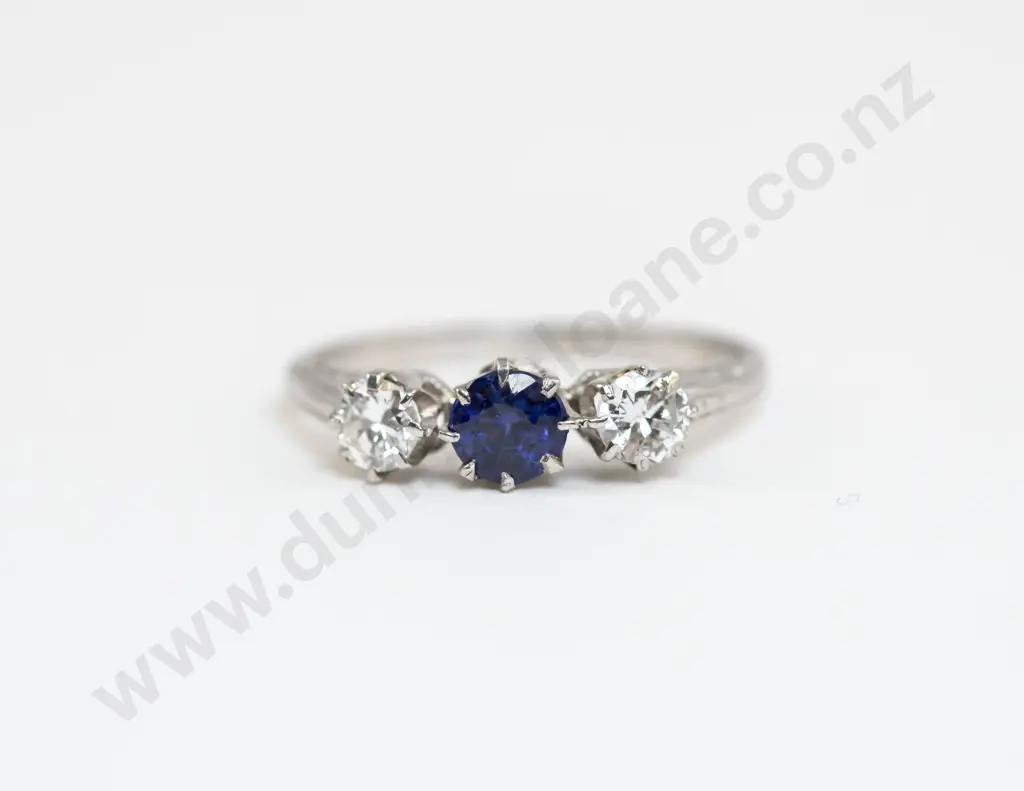 All Platinum Three Stone Sapphire and Diamond Bridge Ring Image 1++