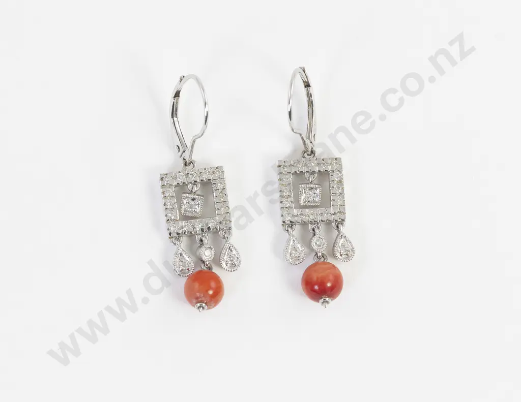 Pair 14ct Coral and Diamond Drop Earrings Image 1++