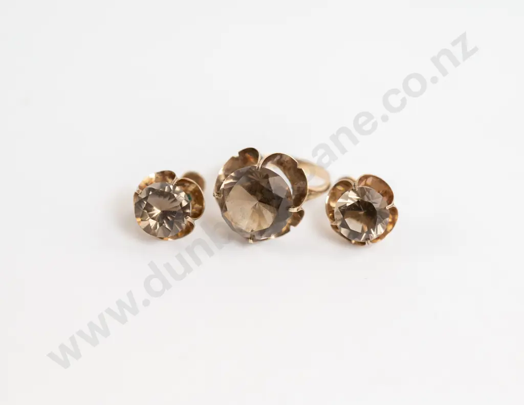 10k Smoky Quartz Dress Ring and Pair of Earrings Image 1++