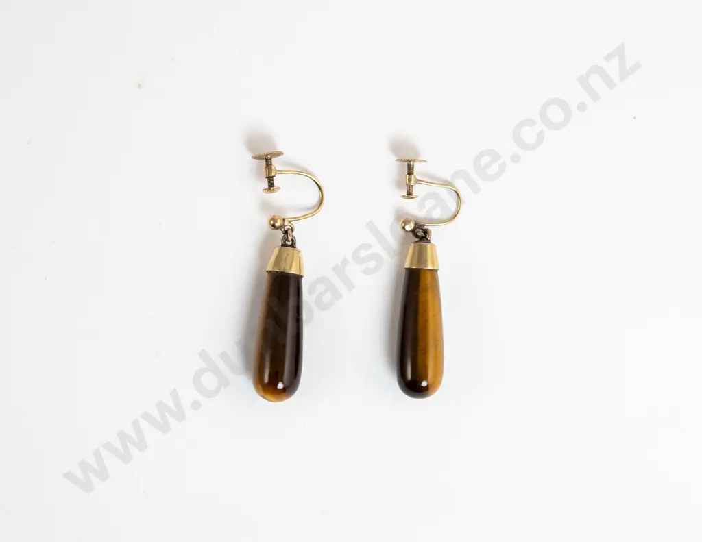 Pair 9ct Mounted Tiger Eye Lozenge Form Pendant Earrings Image 1++