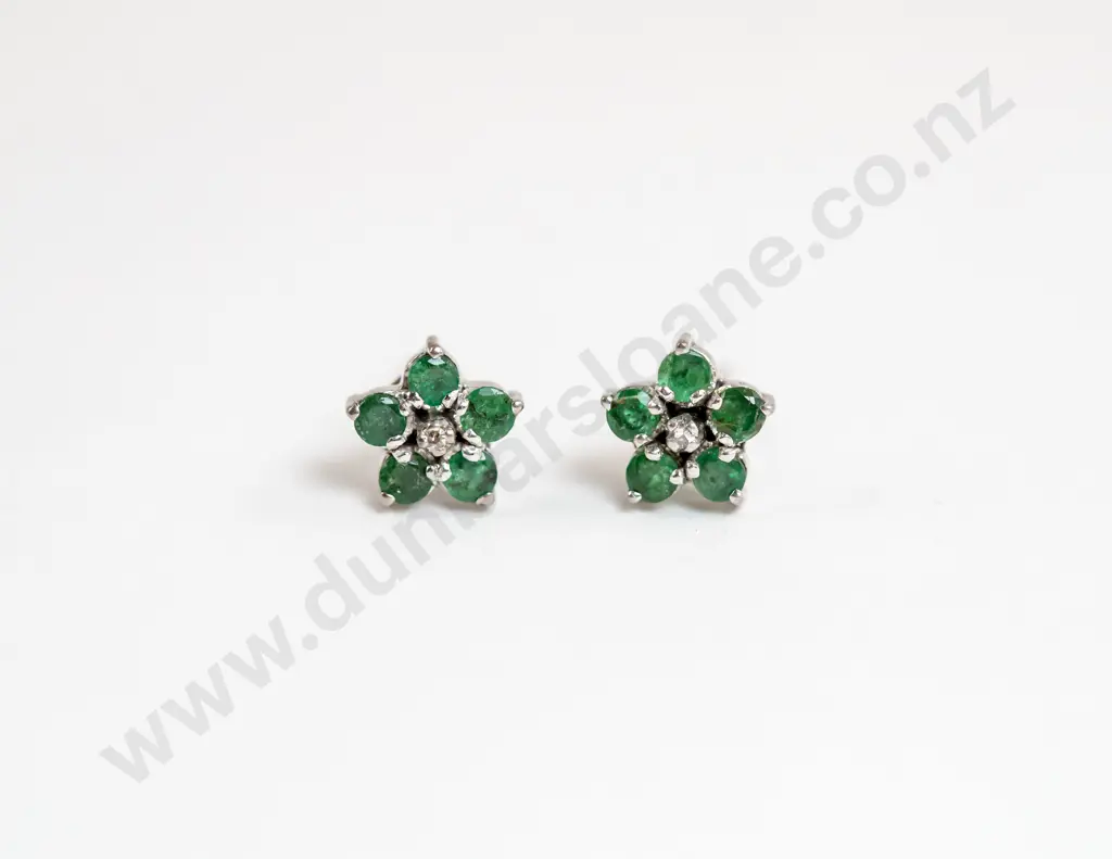 Pair 18ct White Gold Emerald and Diamond Floret Cluster Earrings Image 1++