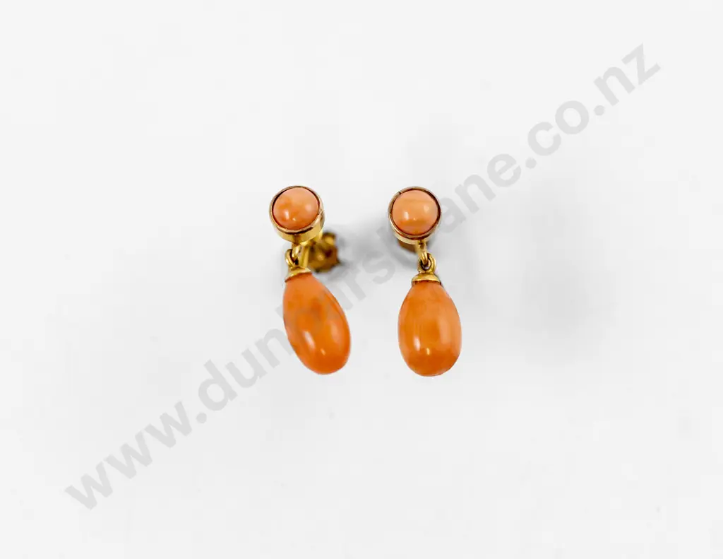 Pair 9ct Pink Coral Pendant Earrings Image 1++