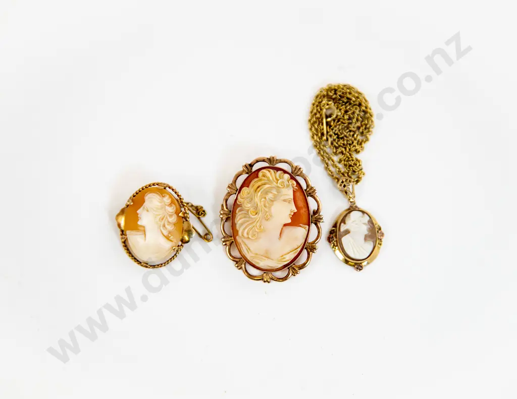 Two 9ct Framed Cameo Brooches and One 10ct Cameo Pendant Image 1++