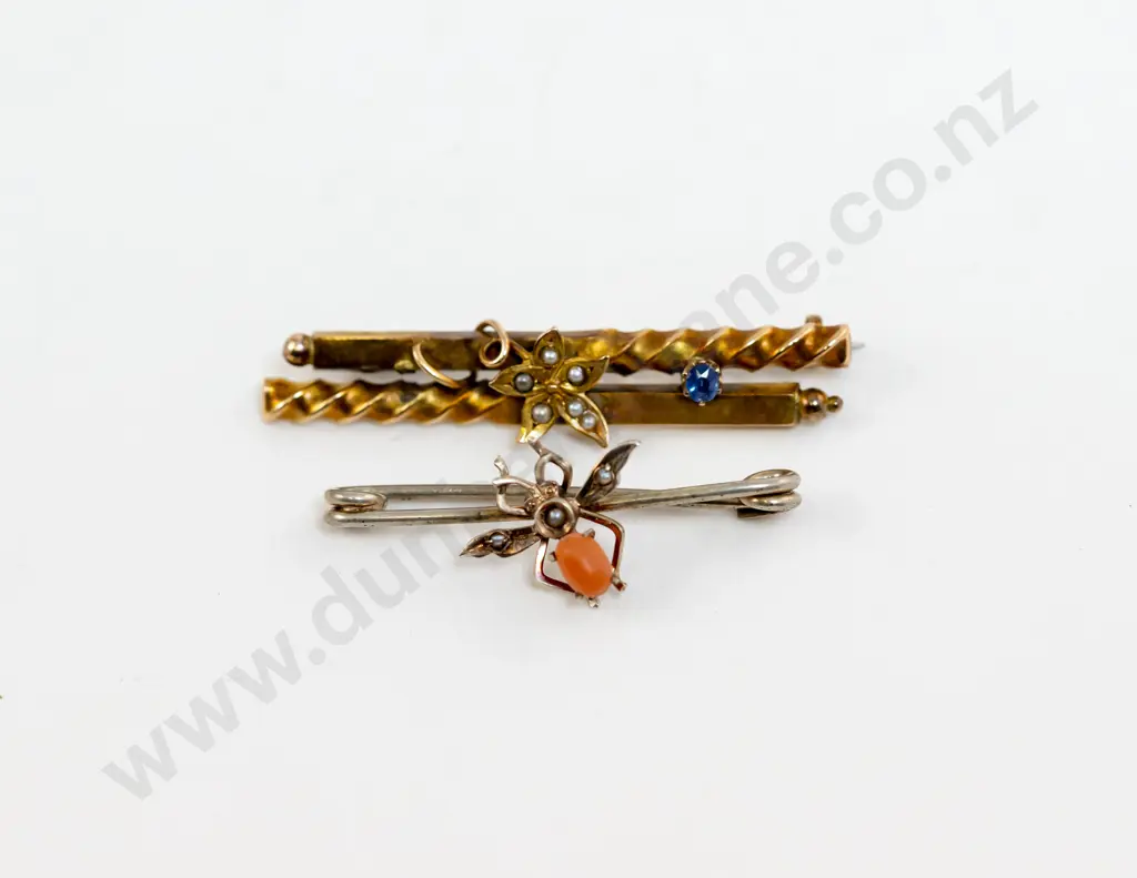 Edwardian 9ct and Silver Bug Pin Brooch and Fancy Double Bar Brooch Image 1++