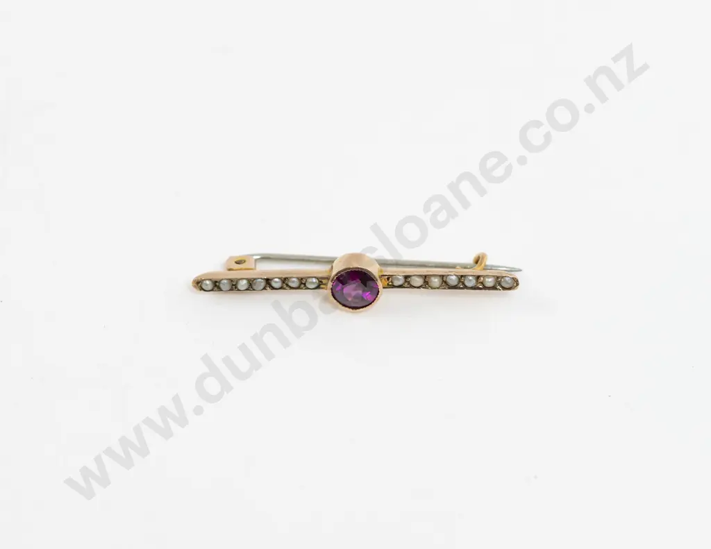 9ct Amethyst and Seed Pearl Bar Brooch Image 1++