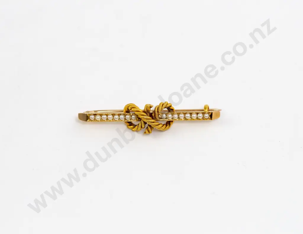Edwardian 15ct Seed Pearl Love Knot Bar Brooch Image 1++
