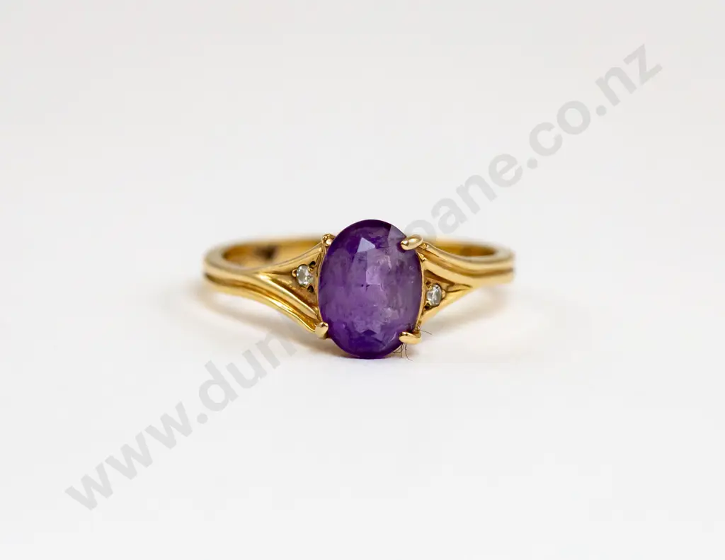 9ct Three Stone Amethyst and Diamond Ring Image 1++