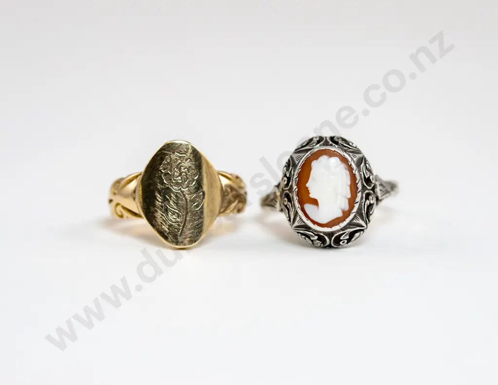 9ct Oval Panel Signet Ring and S/S Cameo Ring Image 1++