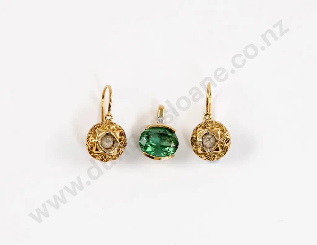 9ct Tourmaline and Diamond Pendant with 14ct Pendant Drop Earrings Image 1++