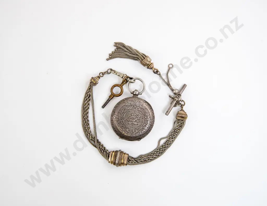 Baume 0.935 Silver Hunter Cased Small Pocket Watch on Fob Chain Image 1++