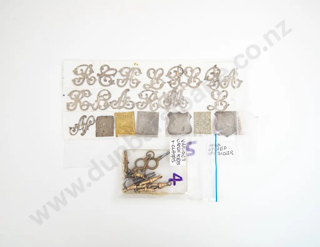 Pocket Watch Keys Bolt Clips and Antique Silver Etched Letters Image 1++