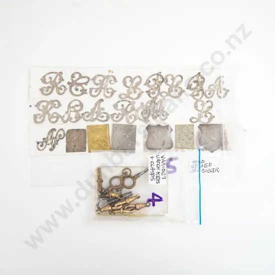 Pocket Watch Keys Bolt Clips and Antique Silver Etched Letters