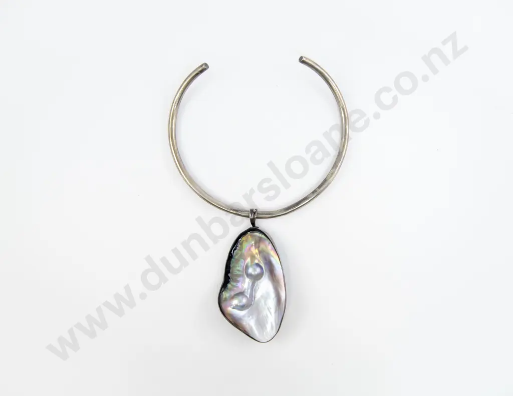 S/S and Paua Modern Design Pendant on Choker Image 1++