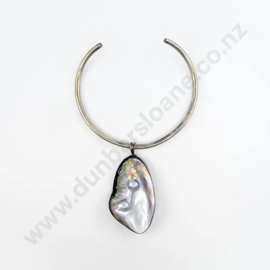 S/S and Paua Modern Design Pendant on Choker
