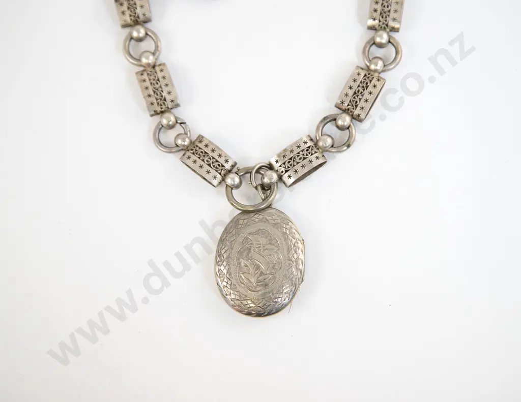 Victorian Silver Photo Locket on Fancy Link Neck Chain Image 1++