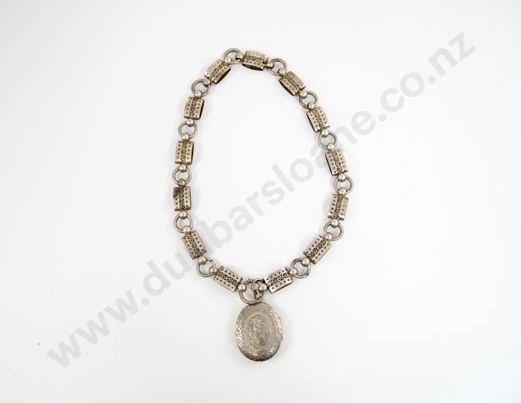 Victorian Silver Photo Locket on Fancy Link Neck Chain Image 1++