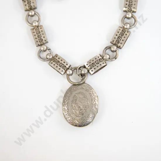 Victorian Silver Photo Locket on Fancy Link Neck Chain