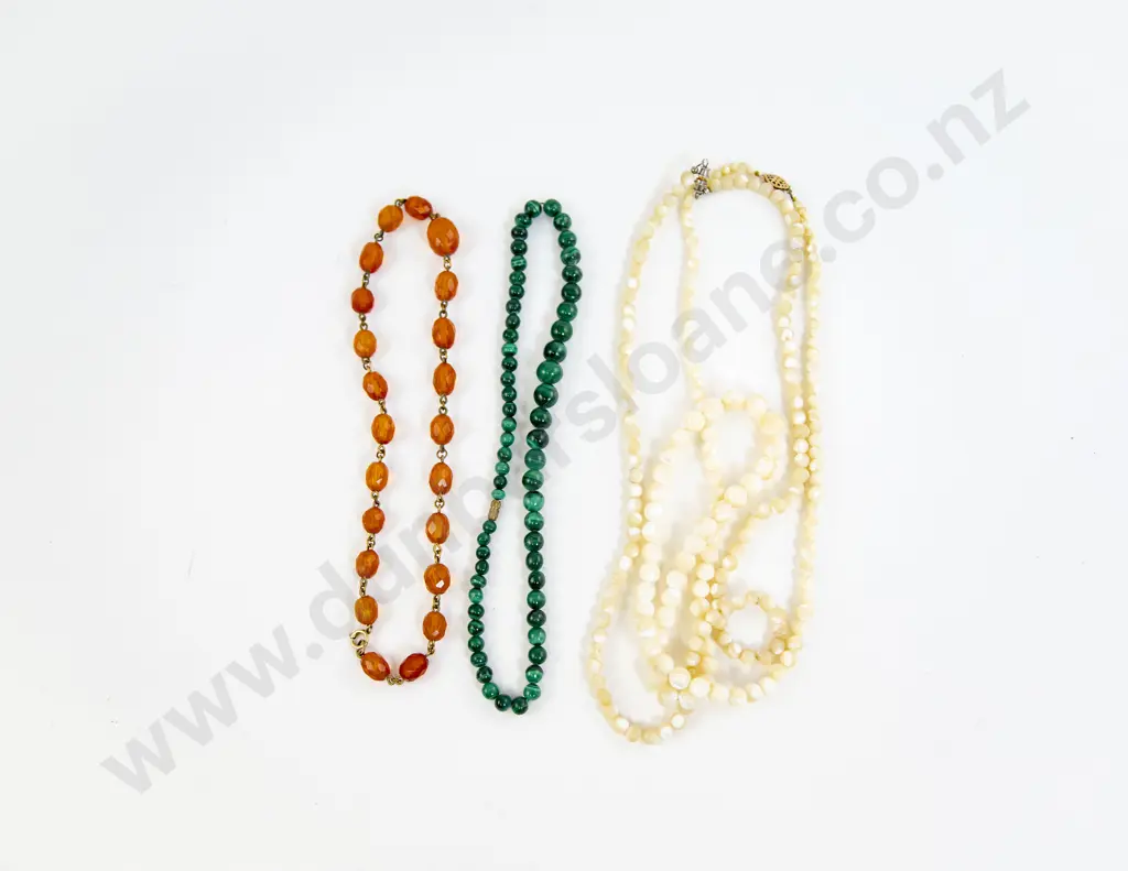 Two Vintage MOP Bead Necklaces with Malachite Necklace and Amber Style Necklace Image 1++