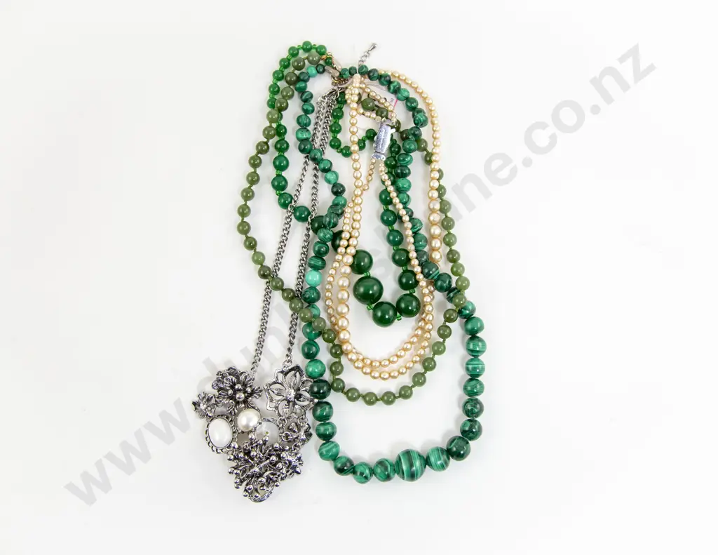 Greenstone and Malachite Necklaces with Glass and Two Costume Image 1++