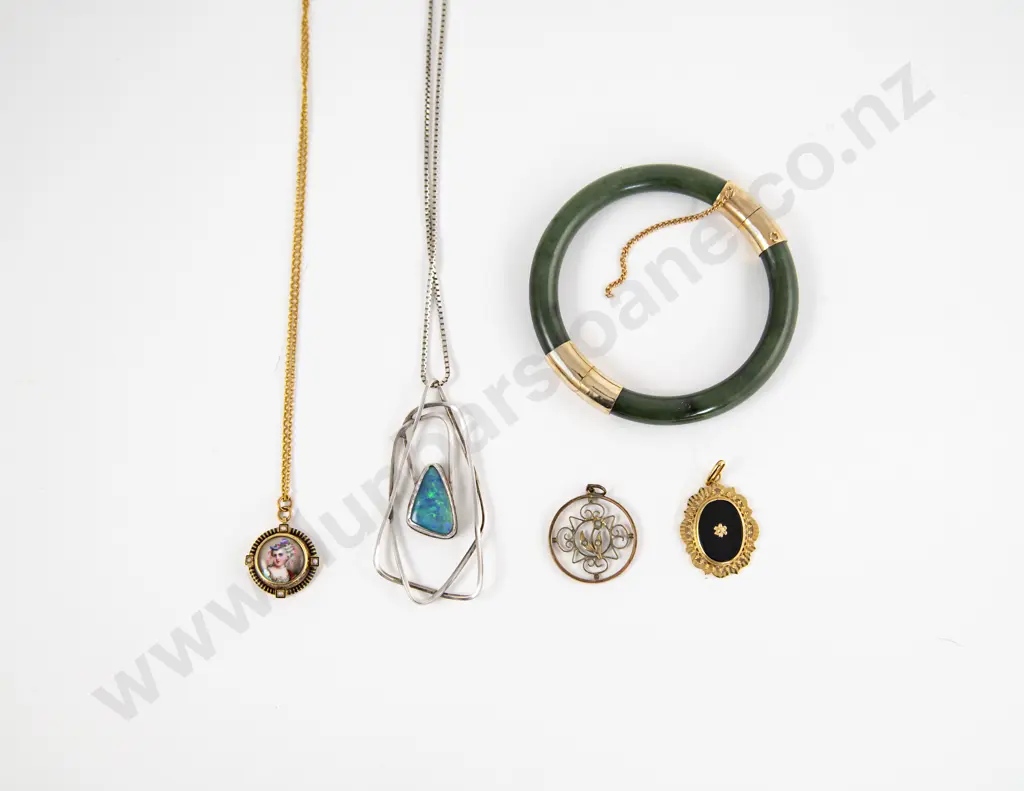 S/S Opal Pendant on S/S Chain with Jade Bangle and Three Pendants Image 1++