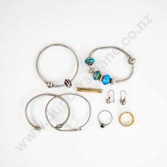 S/S Pandora and Two Pandora Type Bracelets with Bangle Earrings Two Rings and Bar Brooch